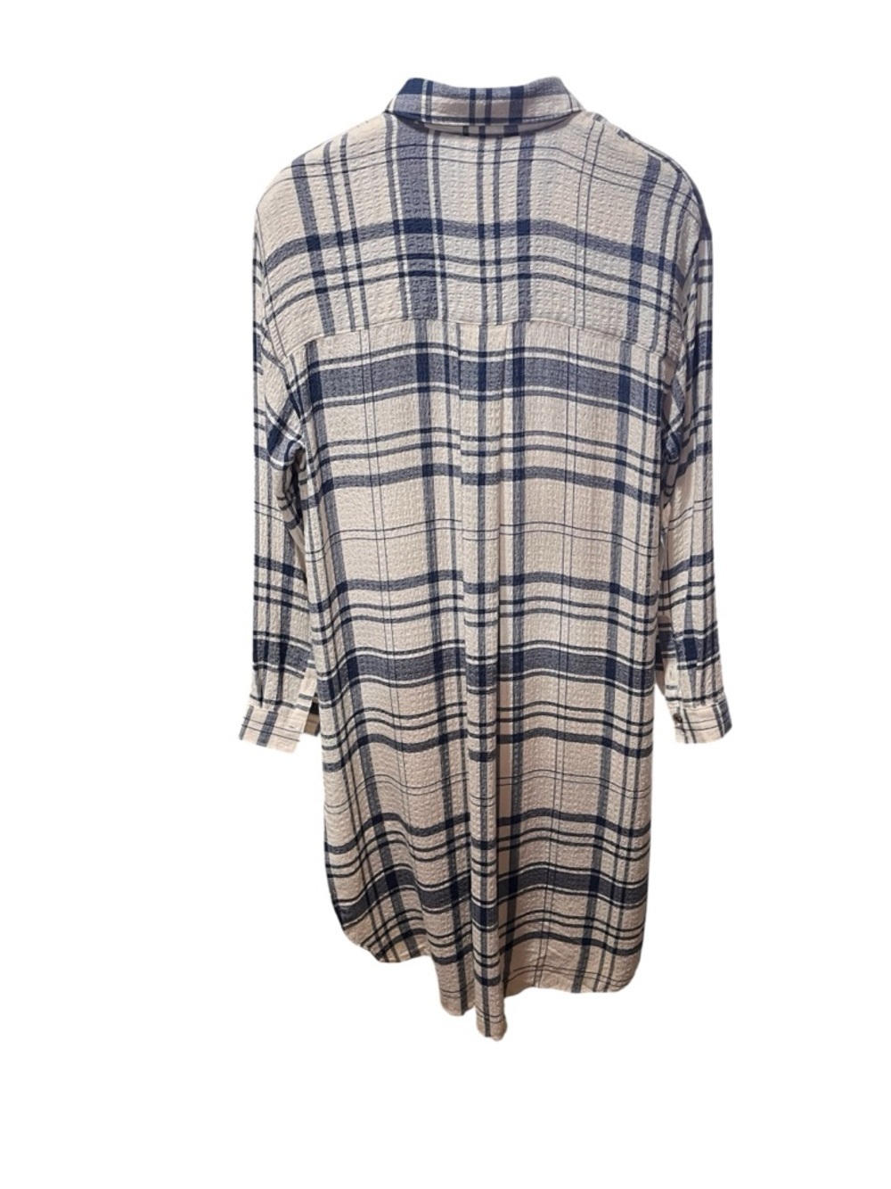 Pilcro Cream and Navy Long-Line Button Front Plaid High-Low Shirt Dress - Picture 10 of 15